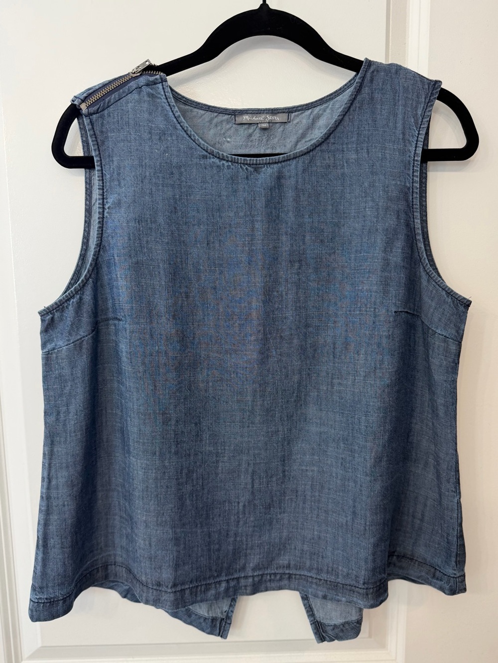 Micheal Stars Sleeveless Chambray Top with Split Back and Shoulder Zip Detail